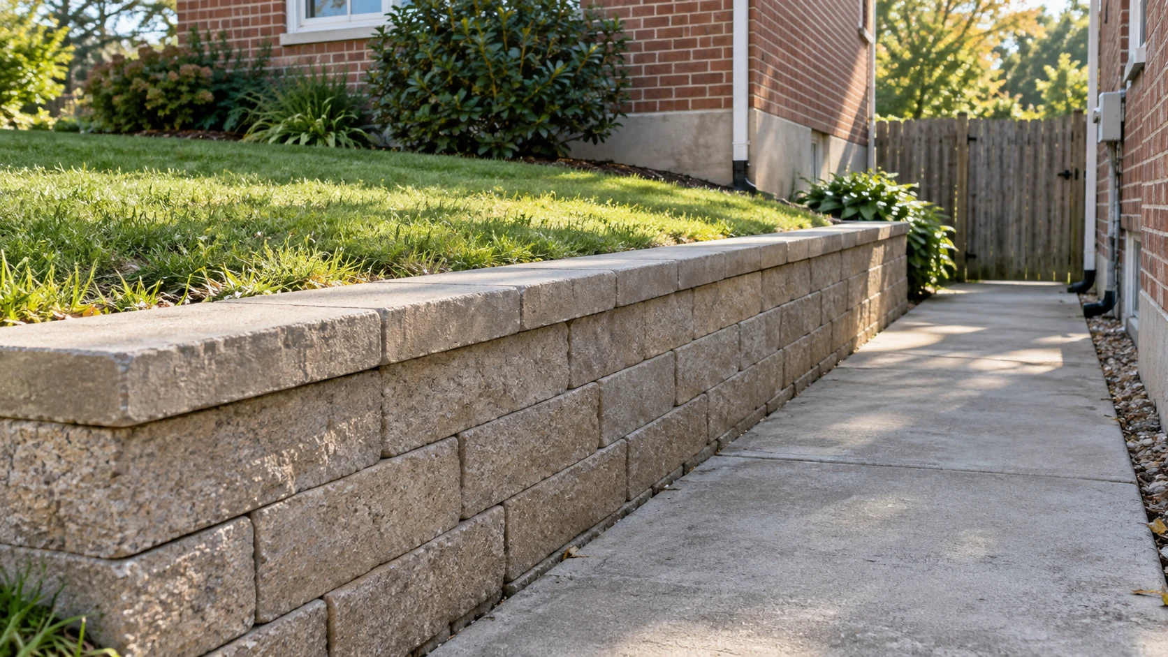 Warm-gray retaining wall holding a raised lawn beside a clear concrete side passage