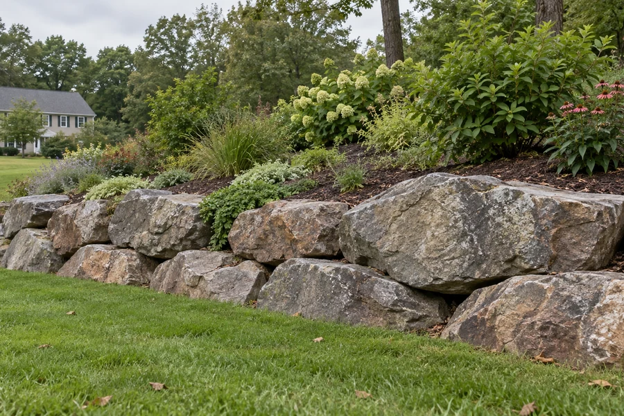 Low boulder retaining wall separating a planted slope from a level lawn