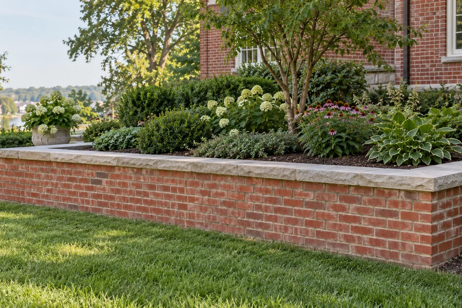 Brick-faced retaining wall with pale stone coping supporting a raised planted bed
