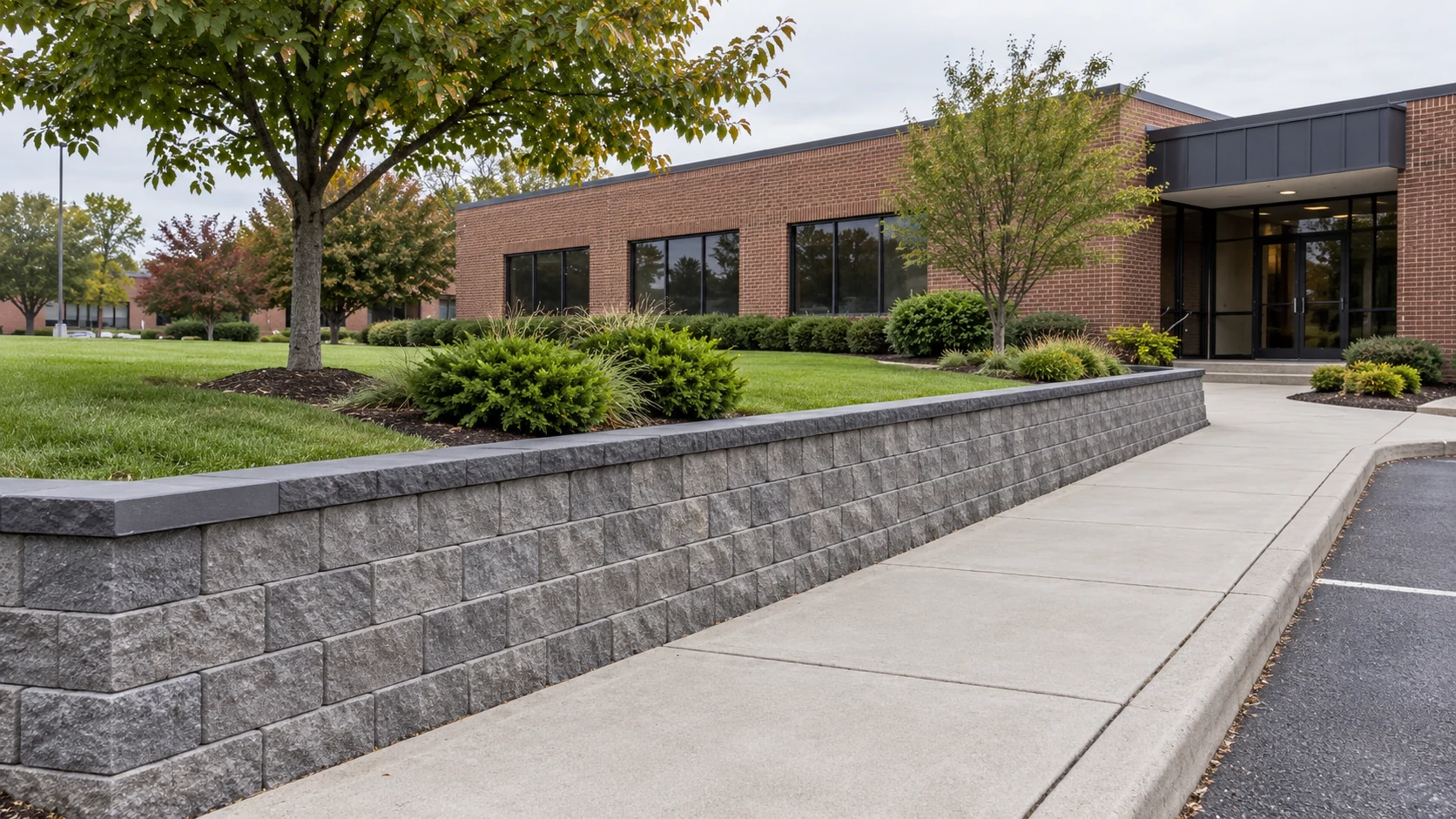 Commercial block retaining wall beside landscaping and an open office entrance walkway