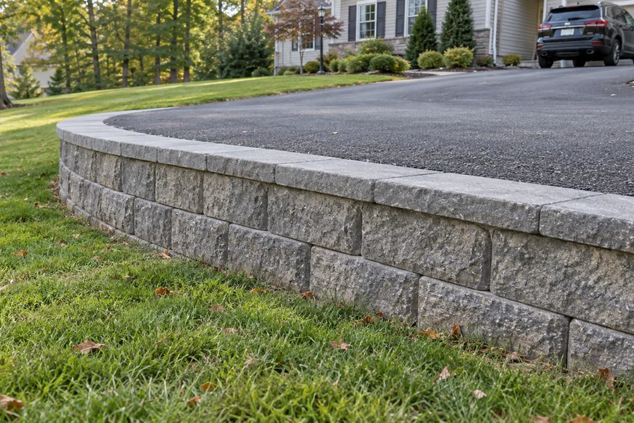 Low curved retaining wall supporting an asphalt driveway above a lower lawn
