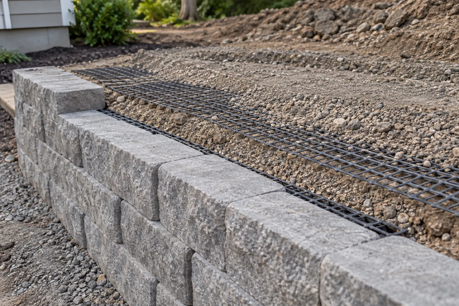 Open-grid reinforcement extending behind low segmental wall courses into prepared fill