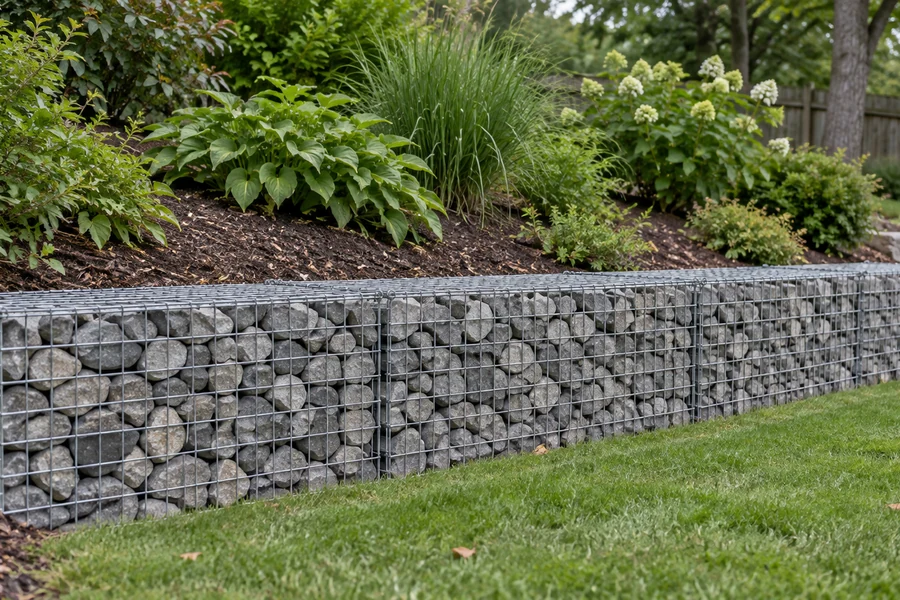 Stone-filled gabion baskets retaining a planted garden slope above a lawn
