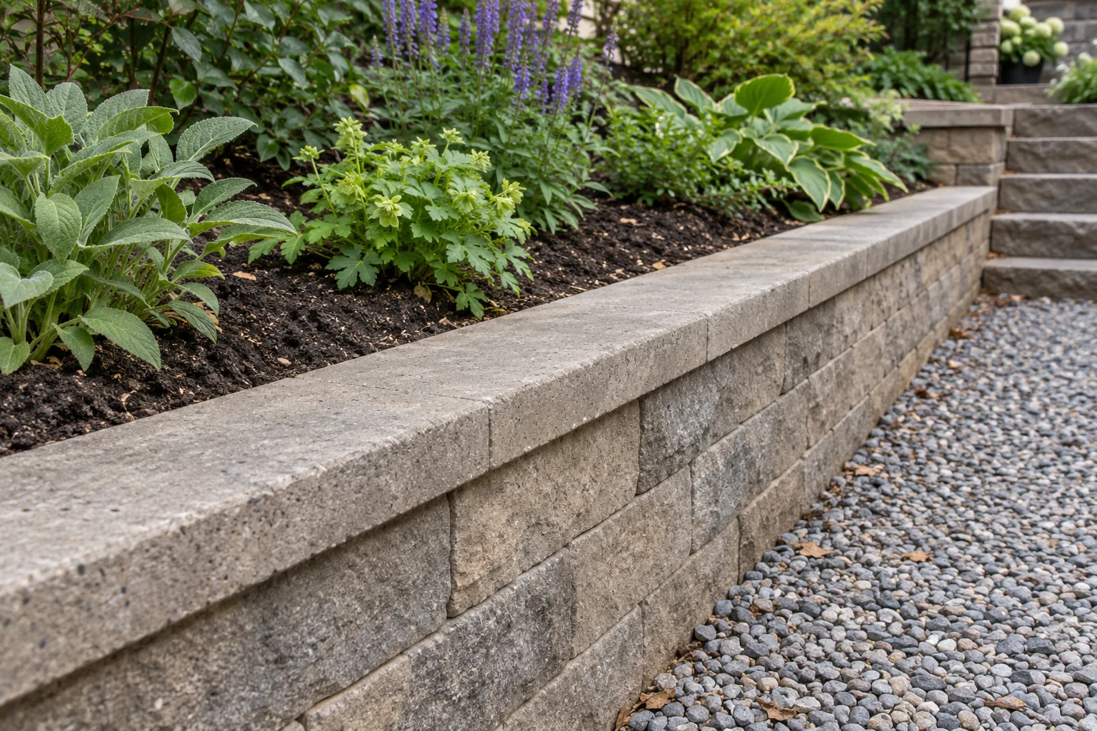Garden wall coping beside planting soil, leafy herbs and a lower gravel path