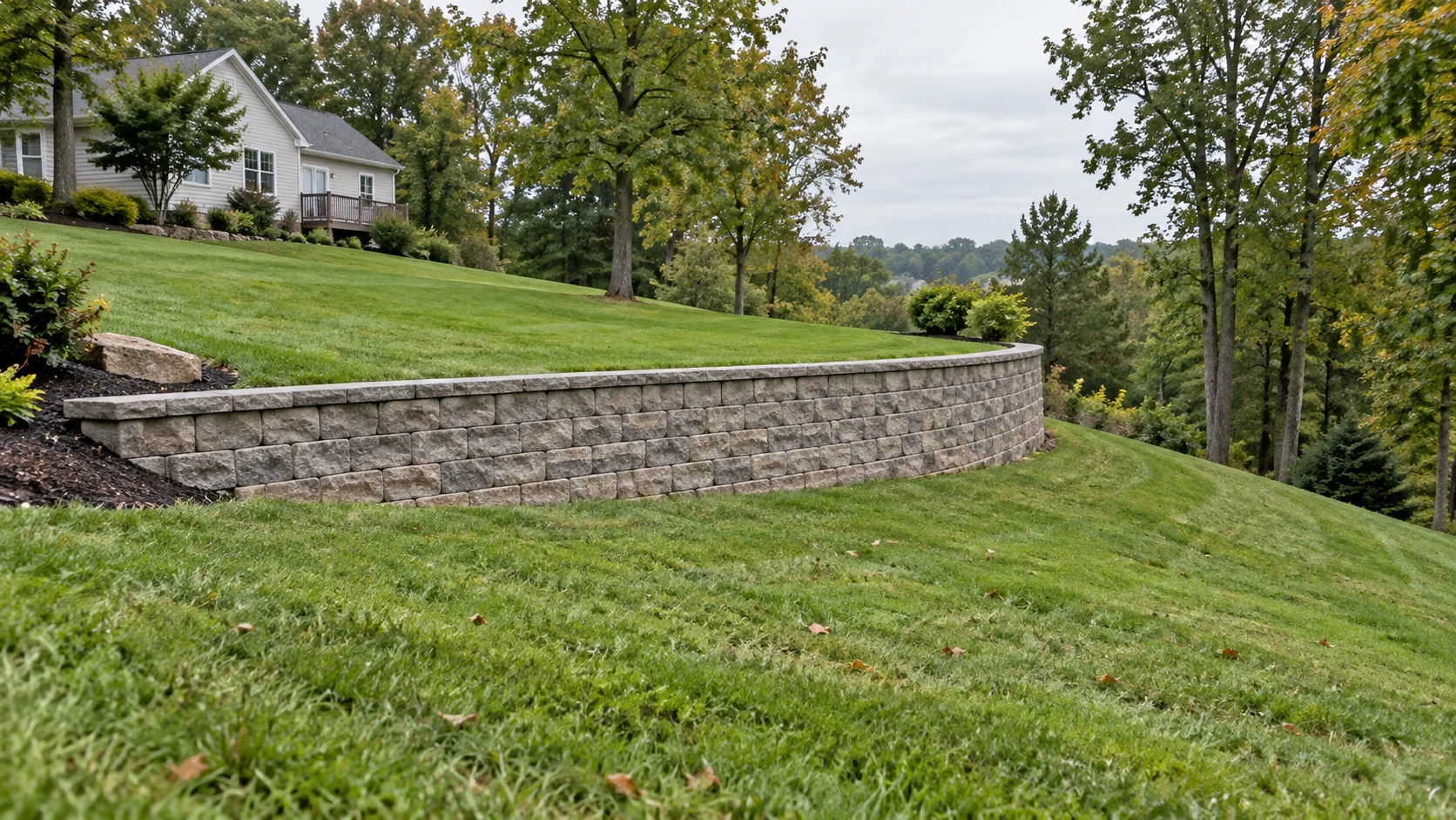 Curved block retaining wall creating an upper lawn terrace on a sloping residential yard