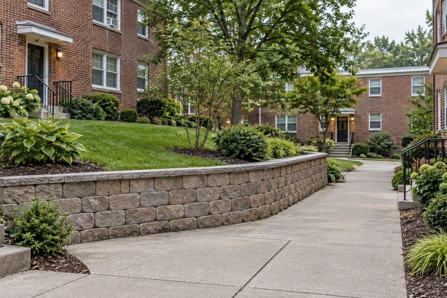 Low retaining wall defining a planted grade change beside a shared apartment walkway
