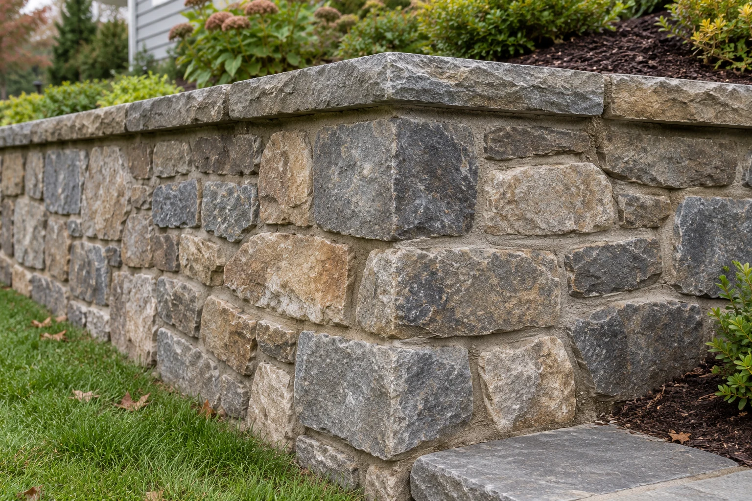 Mortared natural stone wall corner with broad coping and varied mineral textures