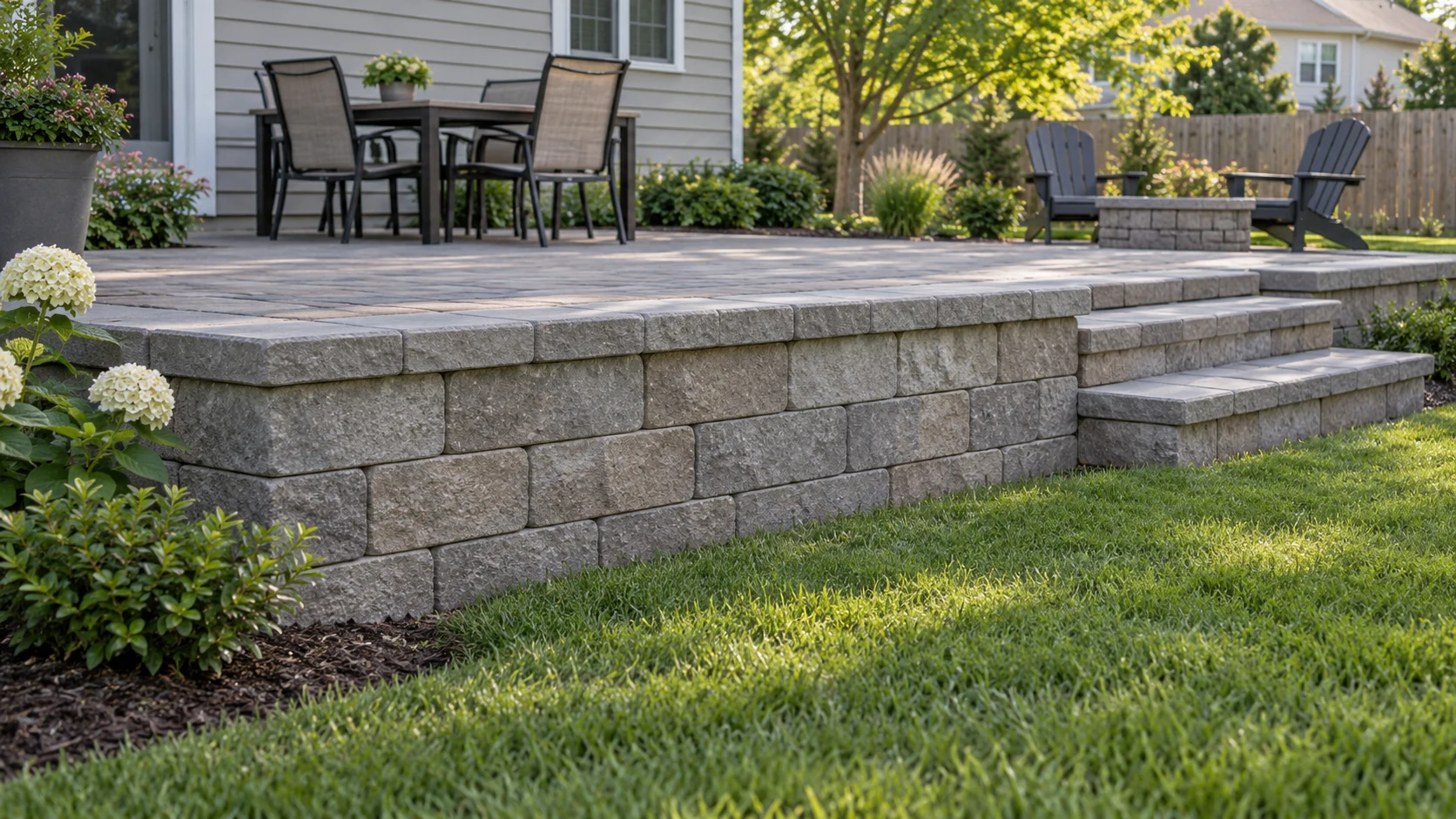 Raised paver patio supported by a low block retaining wall with steps to the lawn