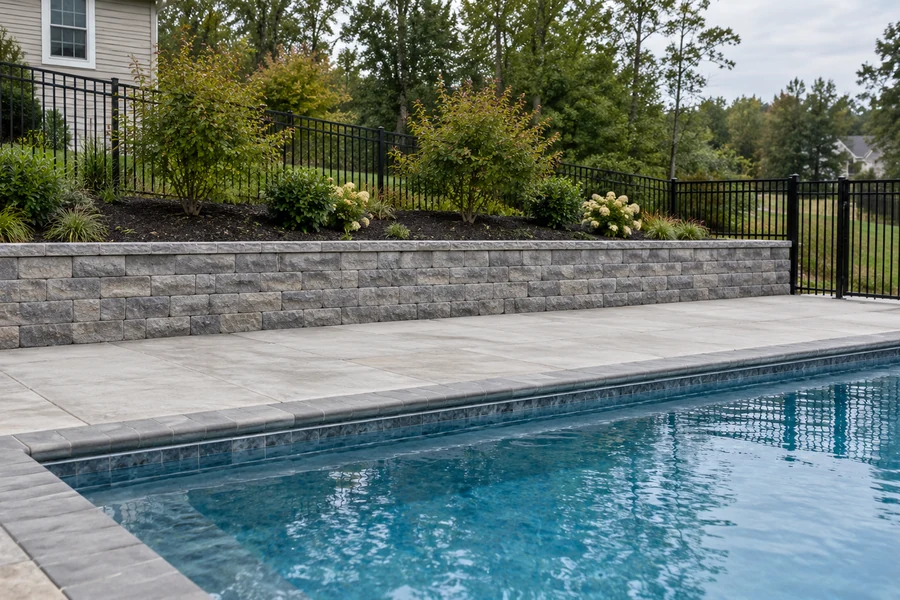 Low retaining wall supporting planting beyond a pool deck with a metal perimeter fence