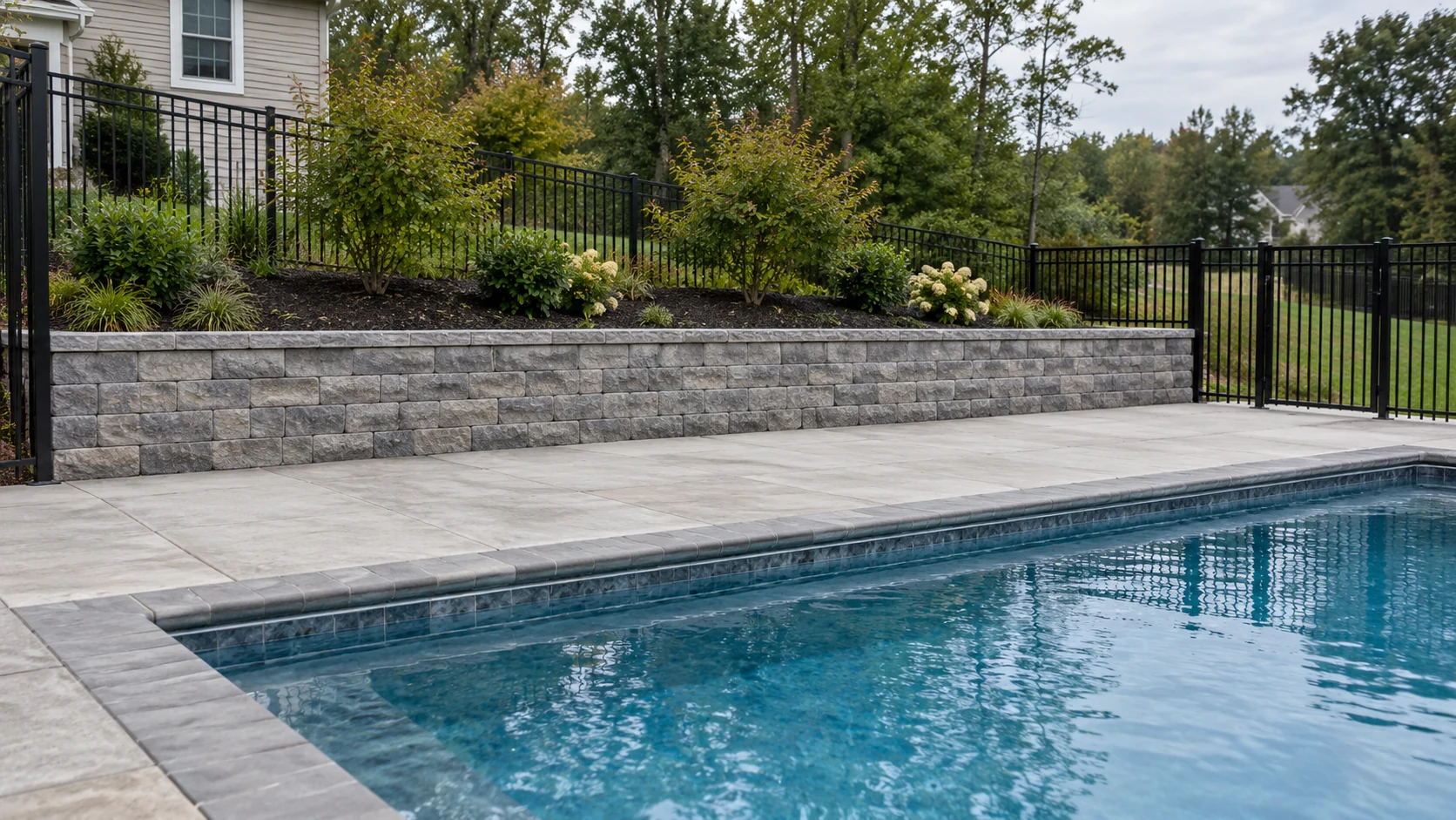 Low retaining wall supporting planting beyond a pool deck with a metal perimeter fence