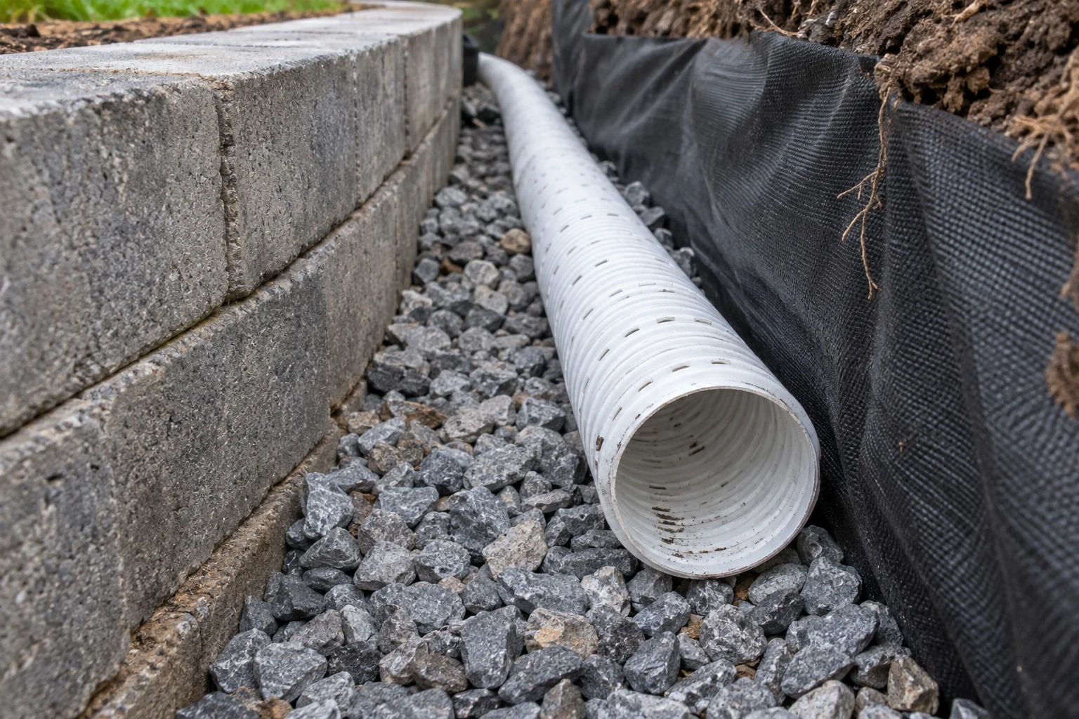 Open drainage pipe end on angular gravel between concrete blocks and dark separator fabric