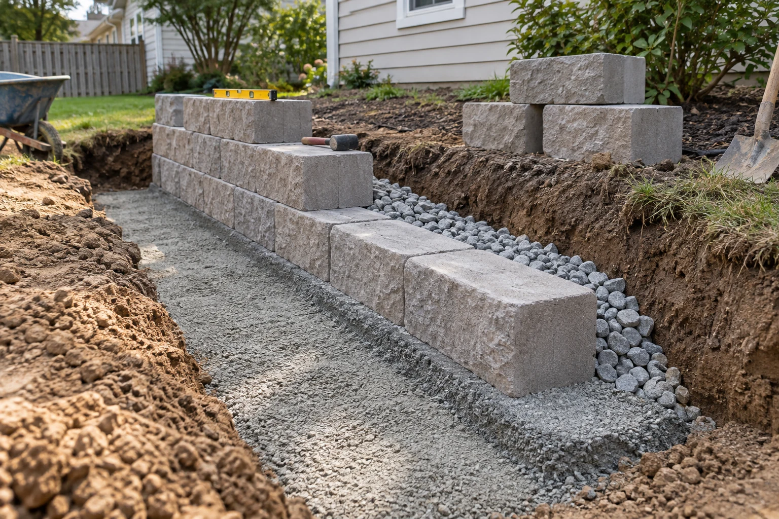 First retaining wall courses on an aggregate base with drainage stone behind the blocks