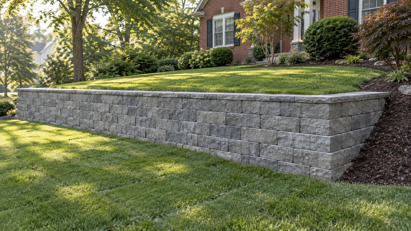New gray block retaining wall with a return supporting a raised lawn beside a brick home