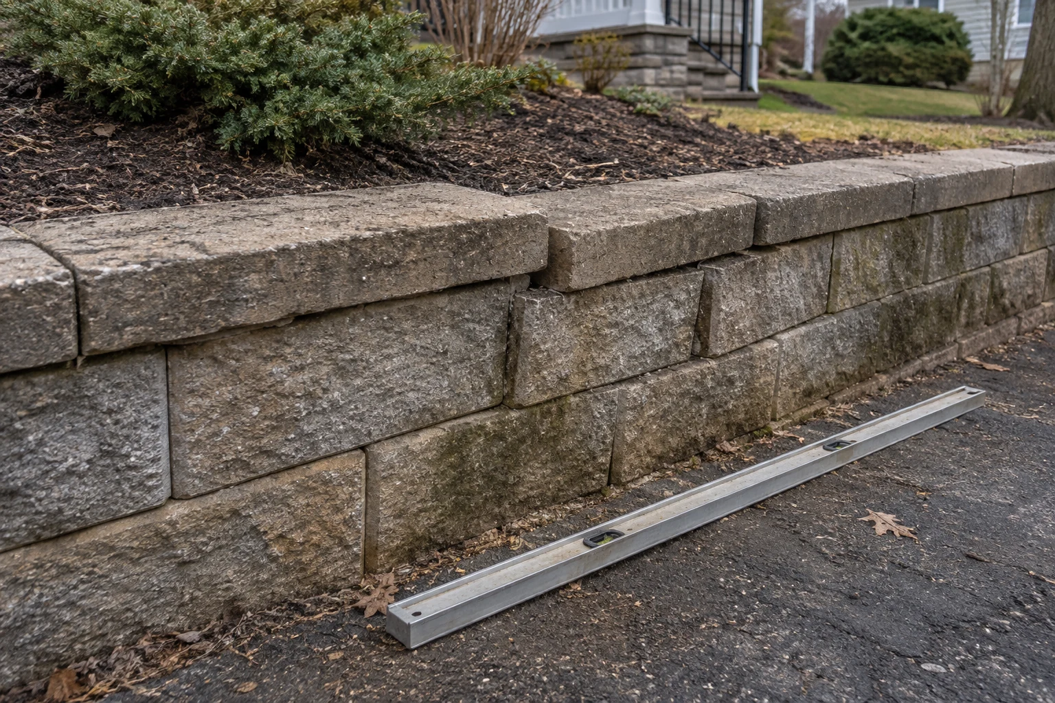Uneven cap joints and settled block courses with a level resting on the ground