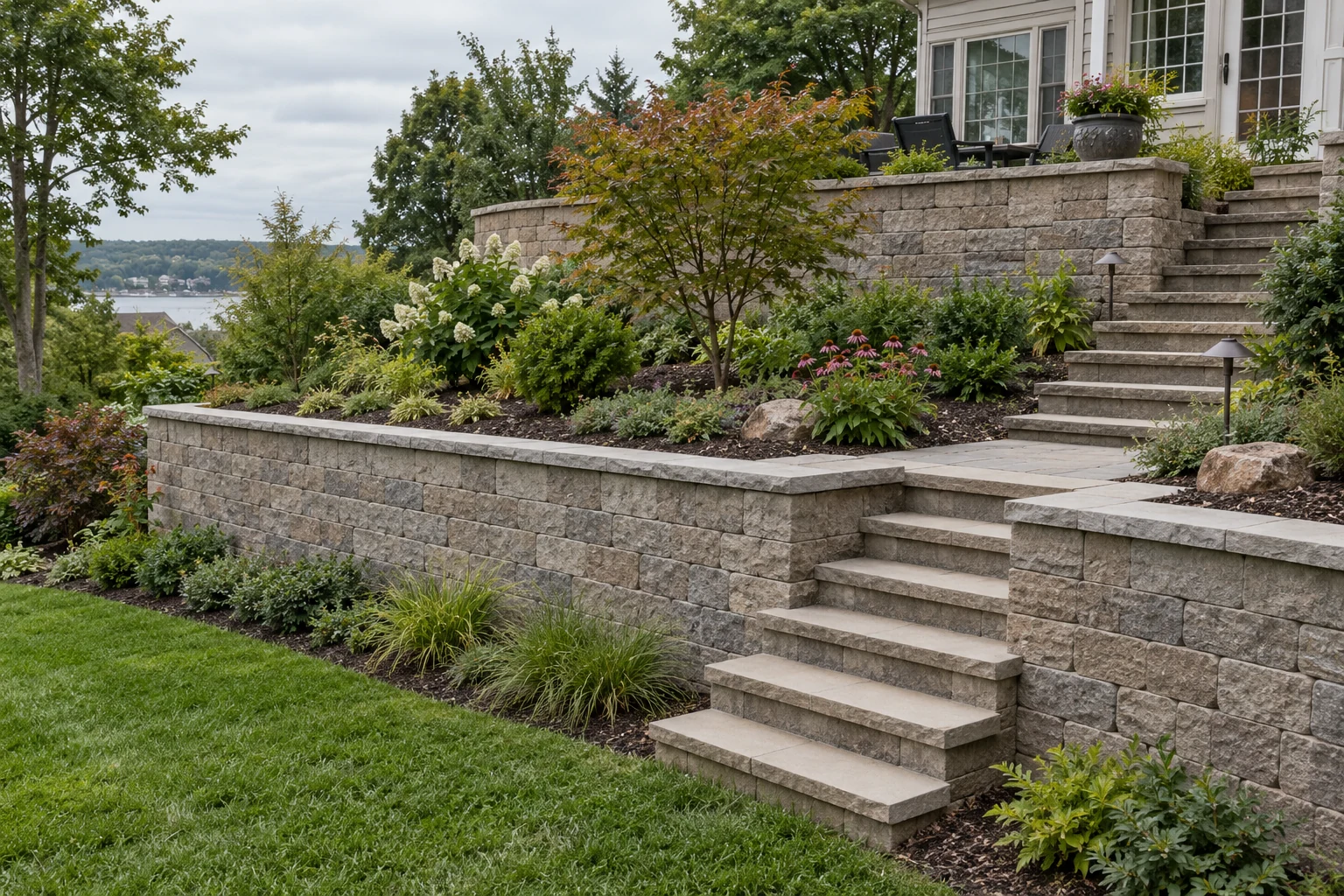 Separated garden terraces with stone steps and an intermediate landing