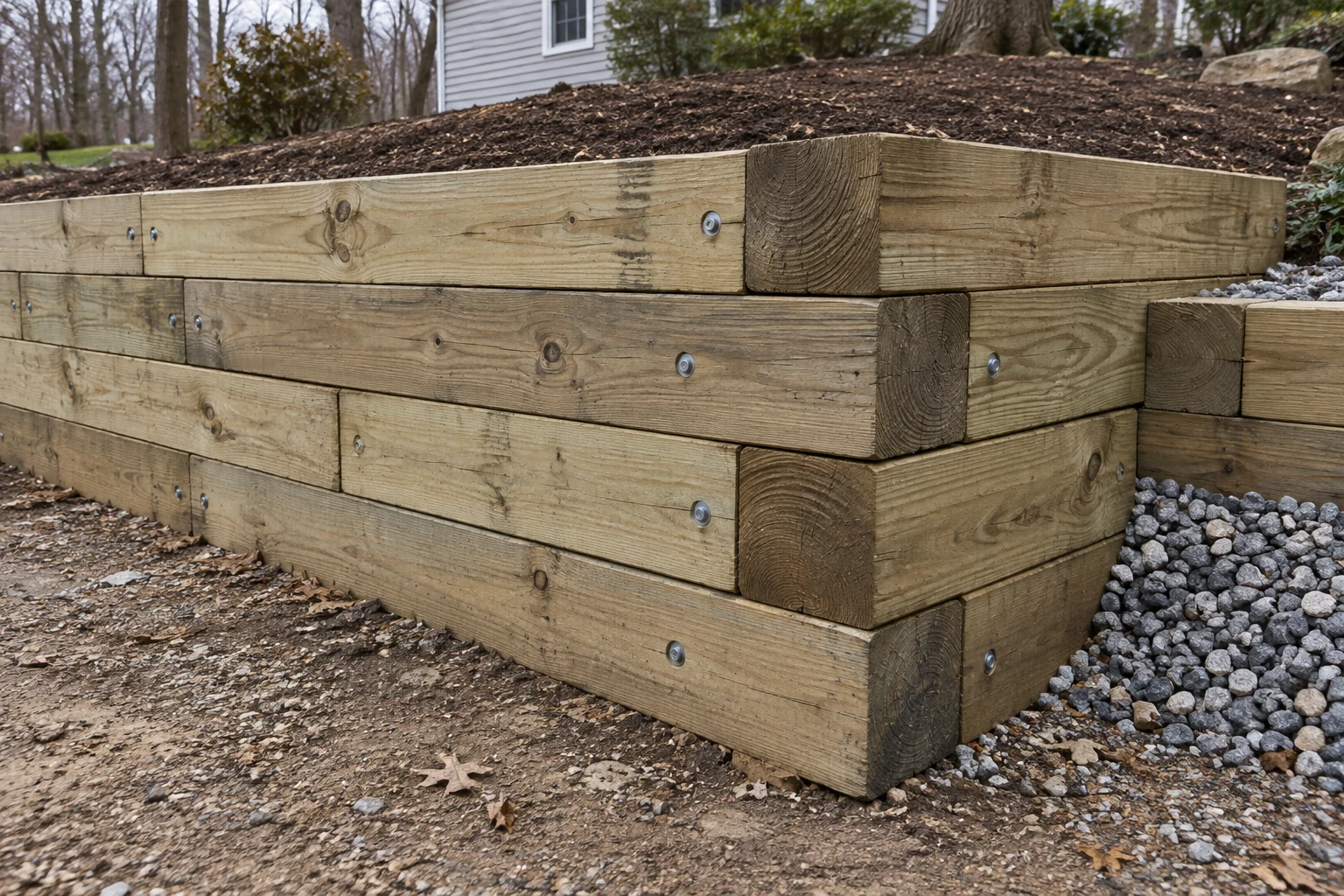 Timber retaining wall corner with alternating ends, fasteners and adjacent drainage gravel