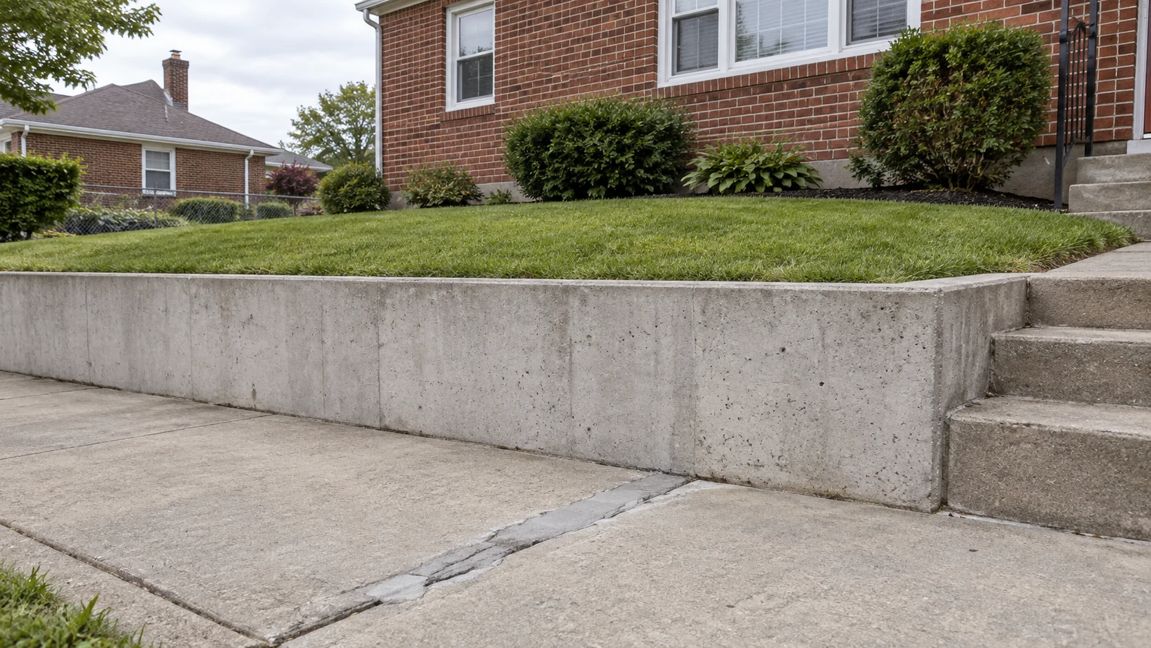 Low concrete retaining wall supporting a front lawn beside a brick home and sidewalk