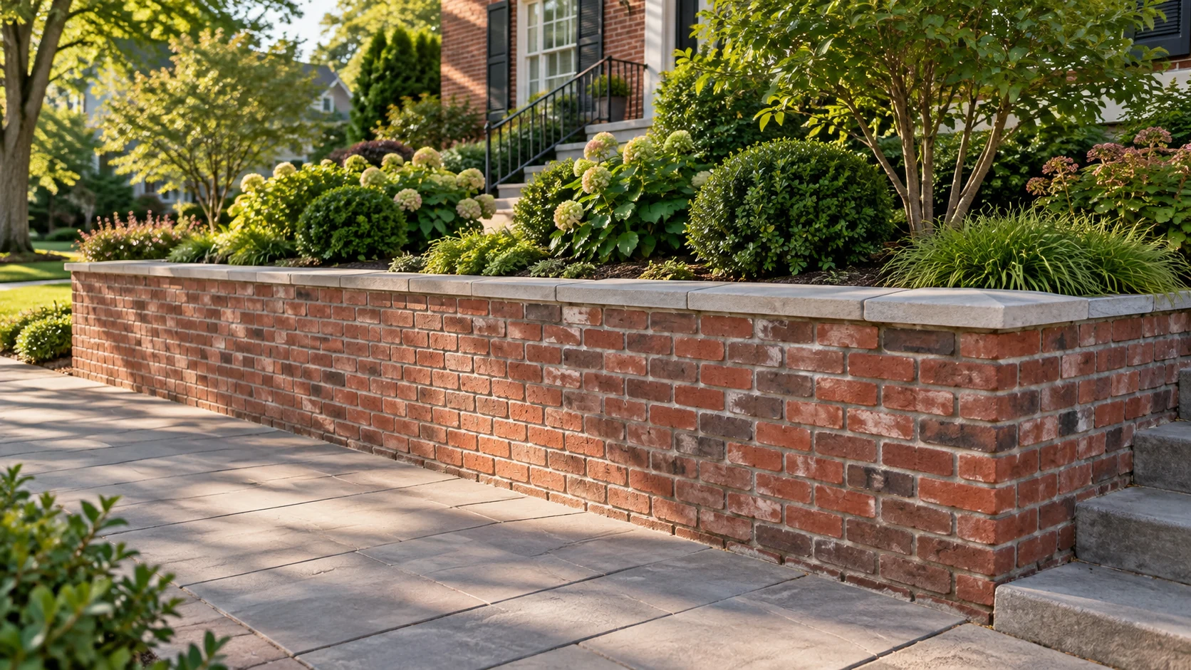 Brick-faced retaining wall with pale coping supporting a garden above a broad walkway