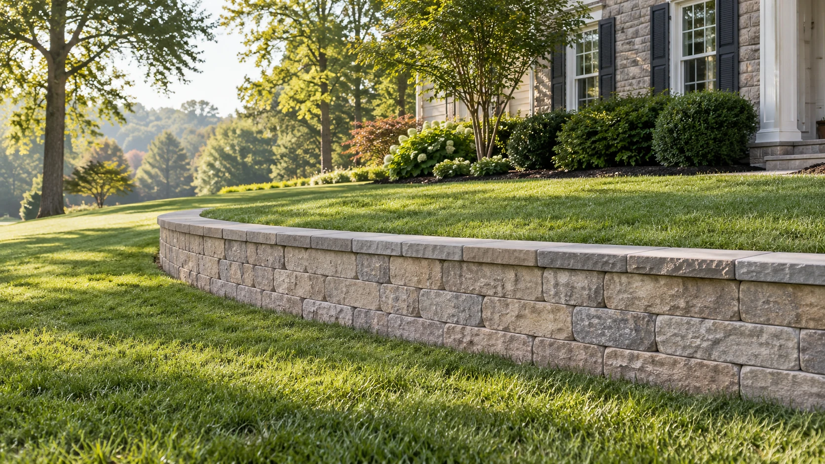 Curved buff-gray block retaining wall forming a front-lawn grade transition