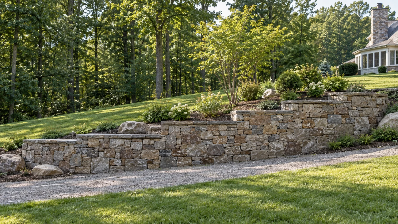 Stepped natural stone retaining wall supporting a residential slope beside an open gravel path