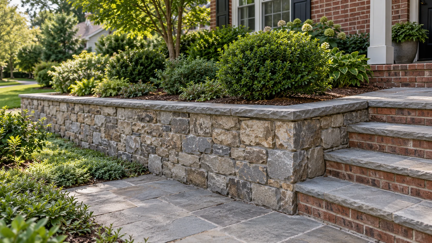 Fitted stone retaining wall supporting a front garden beside brick entry steps