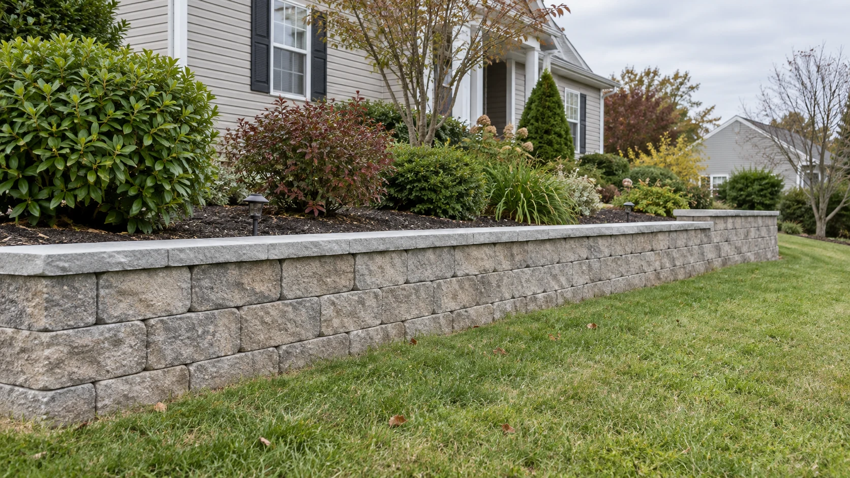Pale-gray block retaining wall supporting a residential planting bed above lower grass