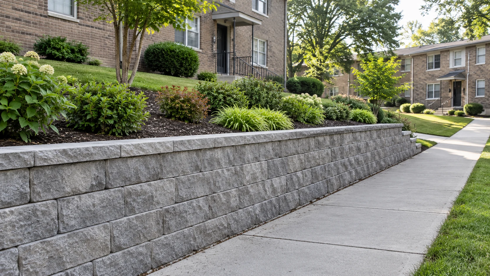 Straight block retaining wall supporting landscaping beside a multifamily walkway