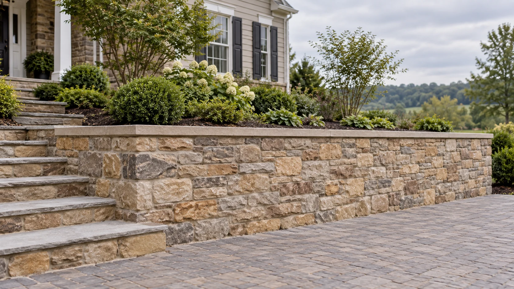 Warm stone retaining wall supporting a raised home garden beside steps and a paved approach