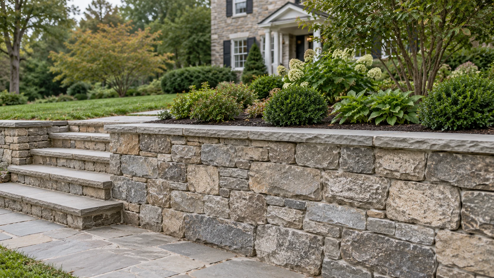 Warm-gray stone retaining wall supporting a planted garden beside matching masonry steps
