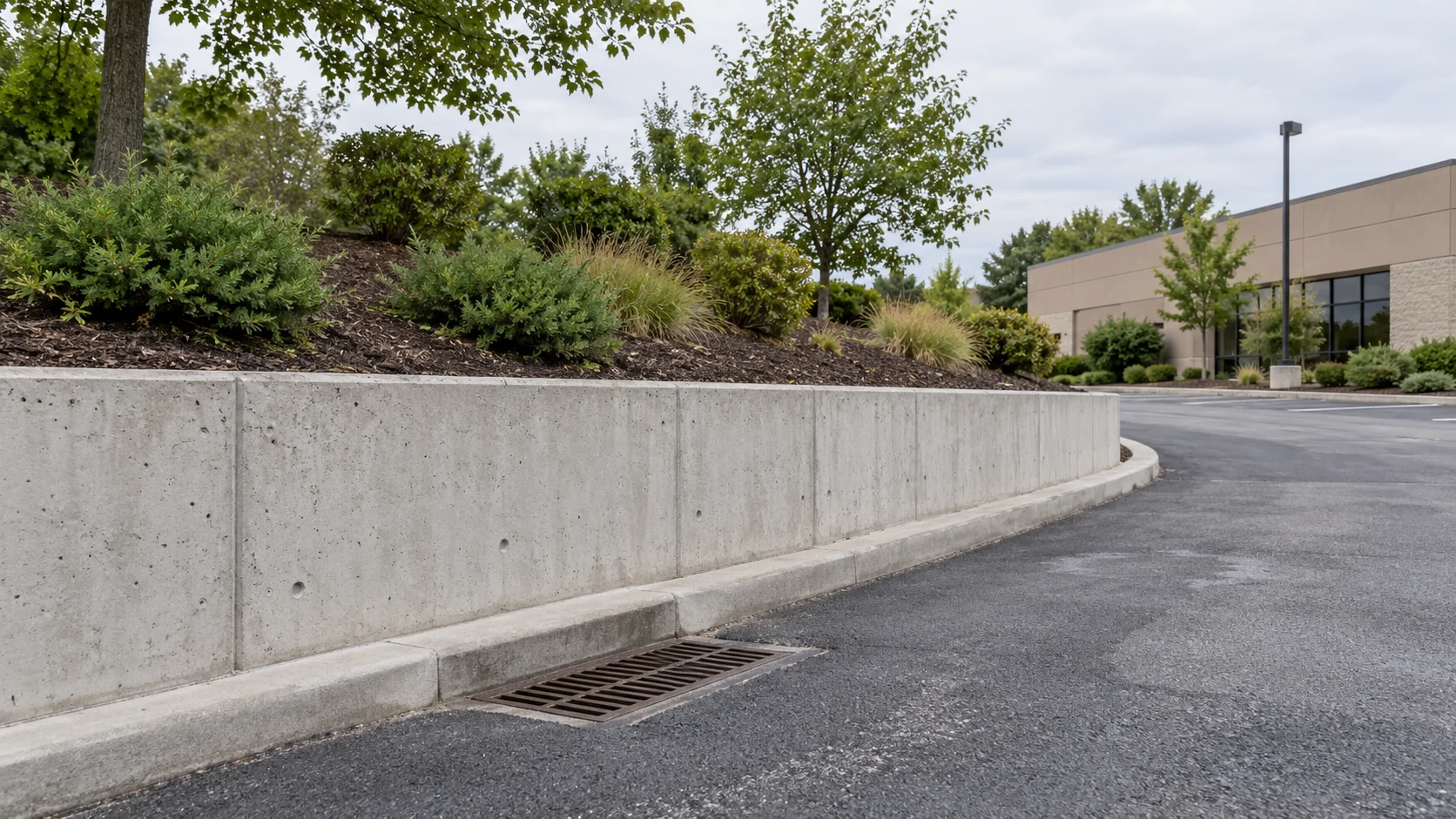 Concrete retaining wall supporting a commercial planting edge beside pavement and a drainage inlet